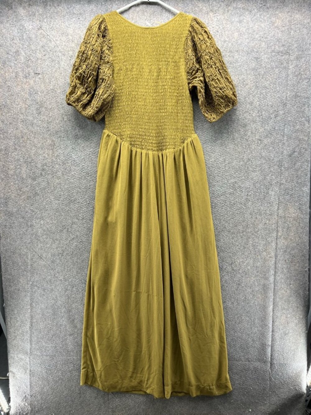 Free People Dress Womens Medium Yellow Round Neck Puff Sleeve Maxi Smocked Boho